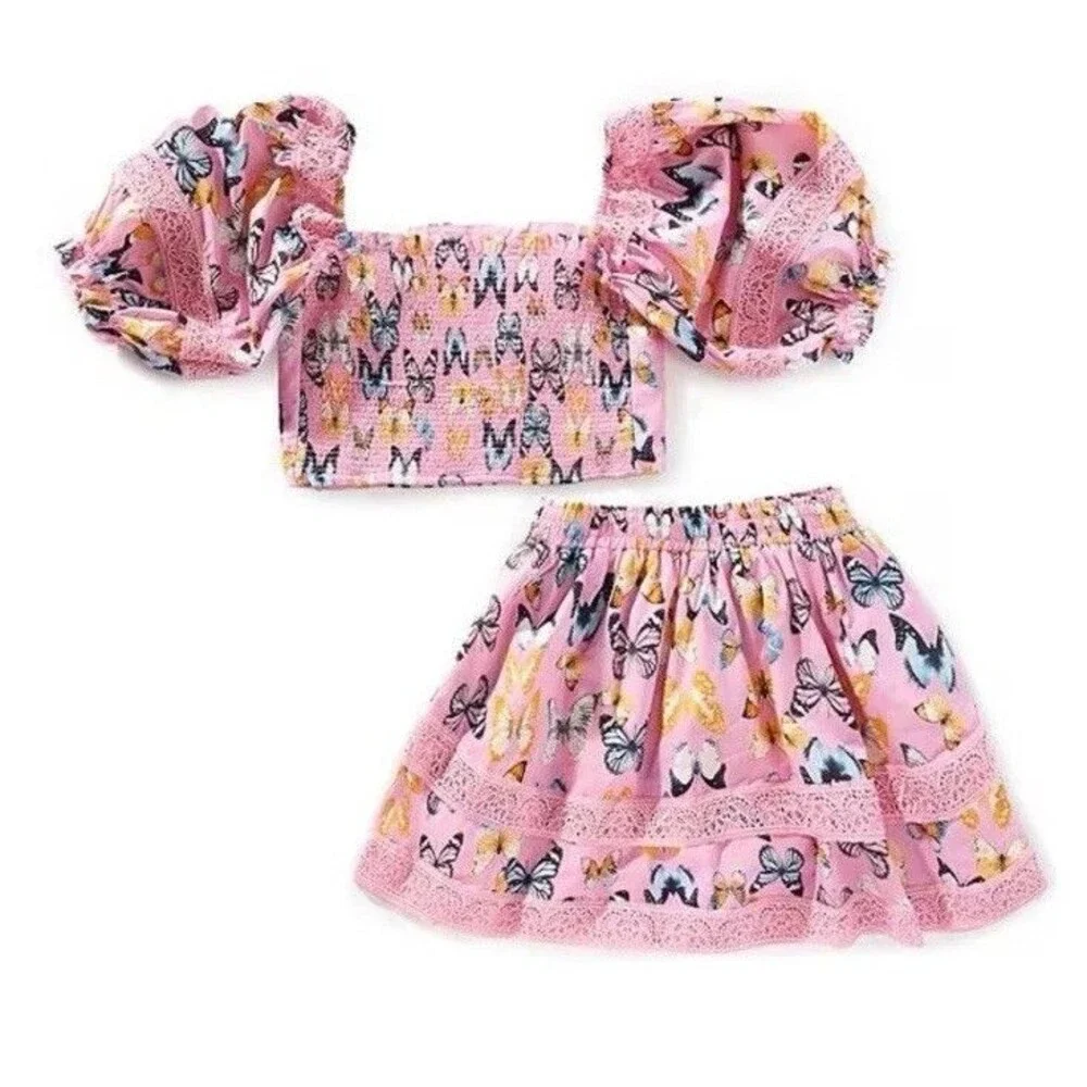 Buddy Love New 2-Piece Butterflies Top, Skirt-Short Set Cotton L 13/14 Resort